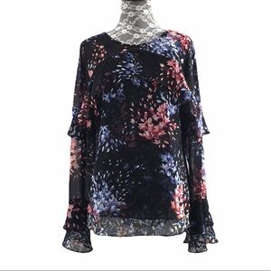 White House‎ Black Market Indigo Floral Flounce Blouse Womens 8 Bell Sleeve